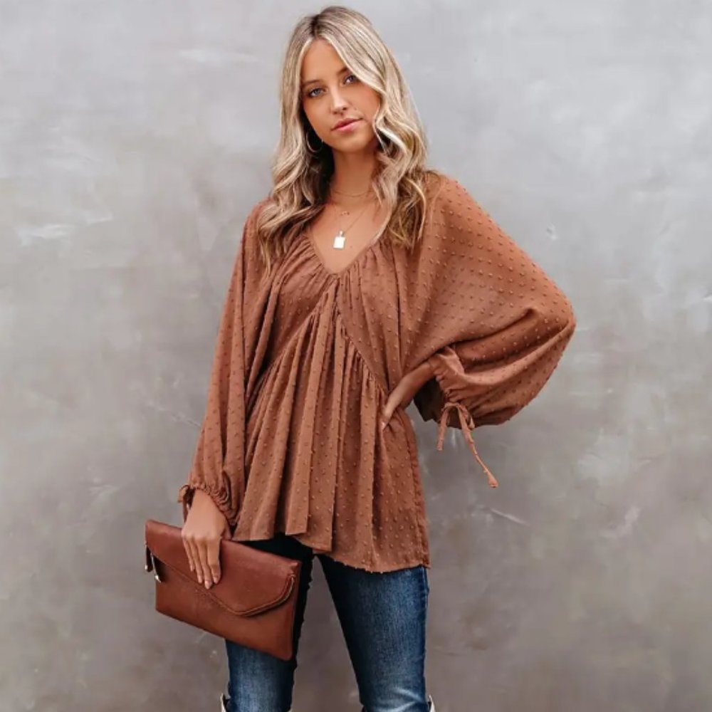 Batwing T-shirt, Boho V Neck Long Sleeve Solid T-shirt For Spring & Fall, sz M